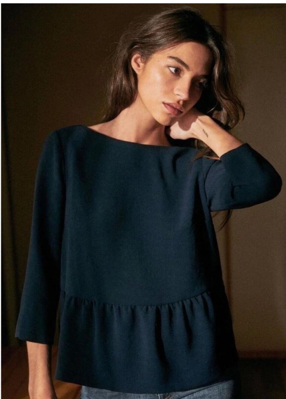 Sezane Louise Blouse Navy Marine Peplum Lace Trim 3/4 Sleeve Women's M French